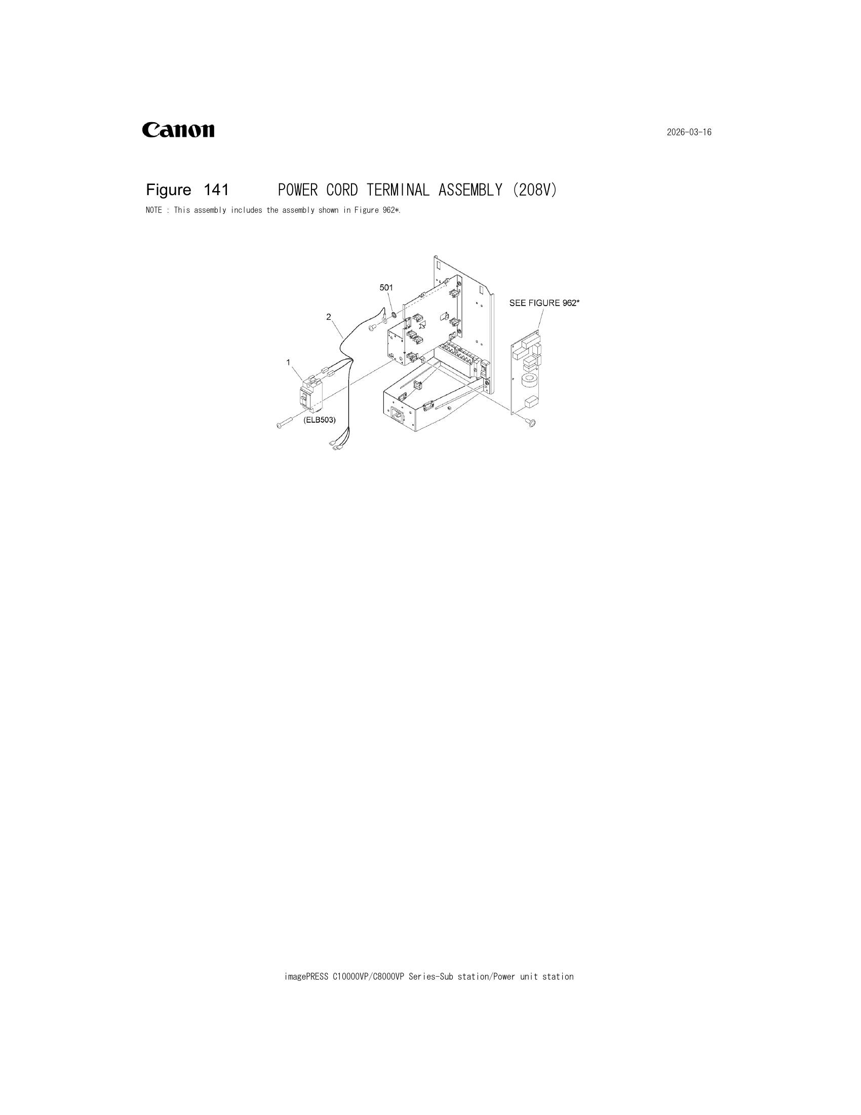 Parts catalogue diagram of the POWER CORD TERMINAL ASSEMBLY (208V) assembly